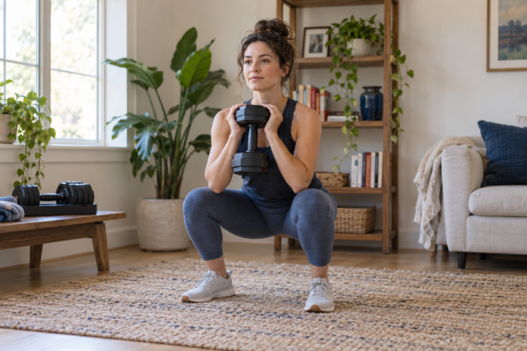Woman performing a goblet squat with an adjustable dumbbell at home