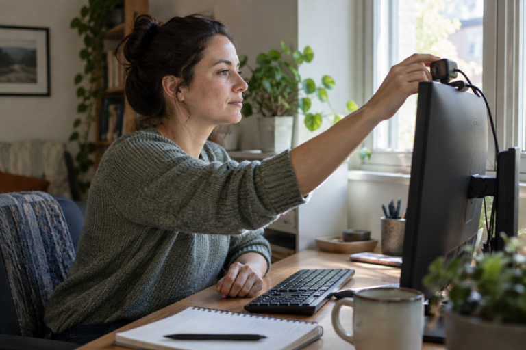 Woman adjusting a webcam mounted on a monitor beside a window in a home office.