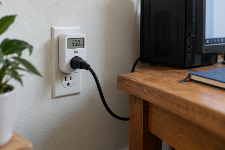 Plug-in electricity monitor displaying energy consumption beside a desktop computer.