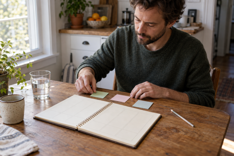 Man arranging sticky notes beside an open weekly planner at a kitchen table.